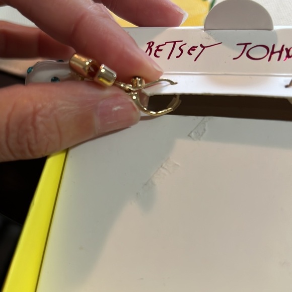 Betsey Johnson gold bow & Pearl blue rhinestone drop earrings egg Easter - Picture 5 of 5